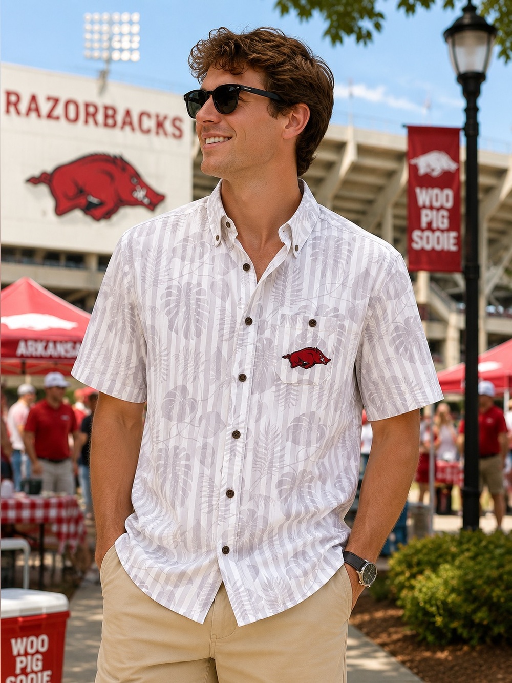 Colosseum Arkansas Razorbacks Shirt Mens L Hawaiian Tropical Button Up NCAA
